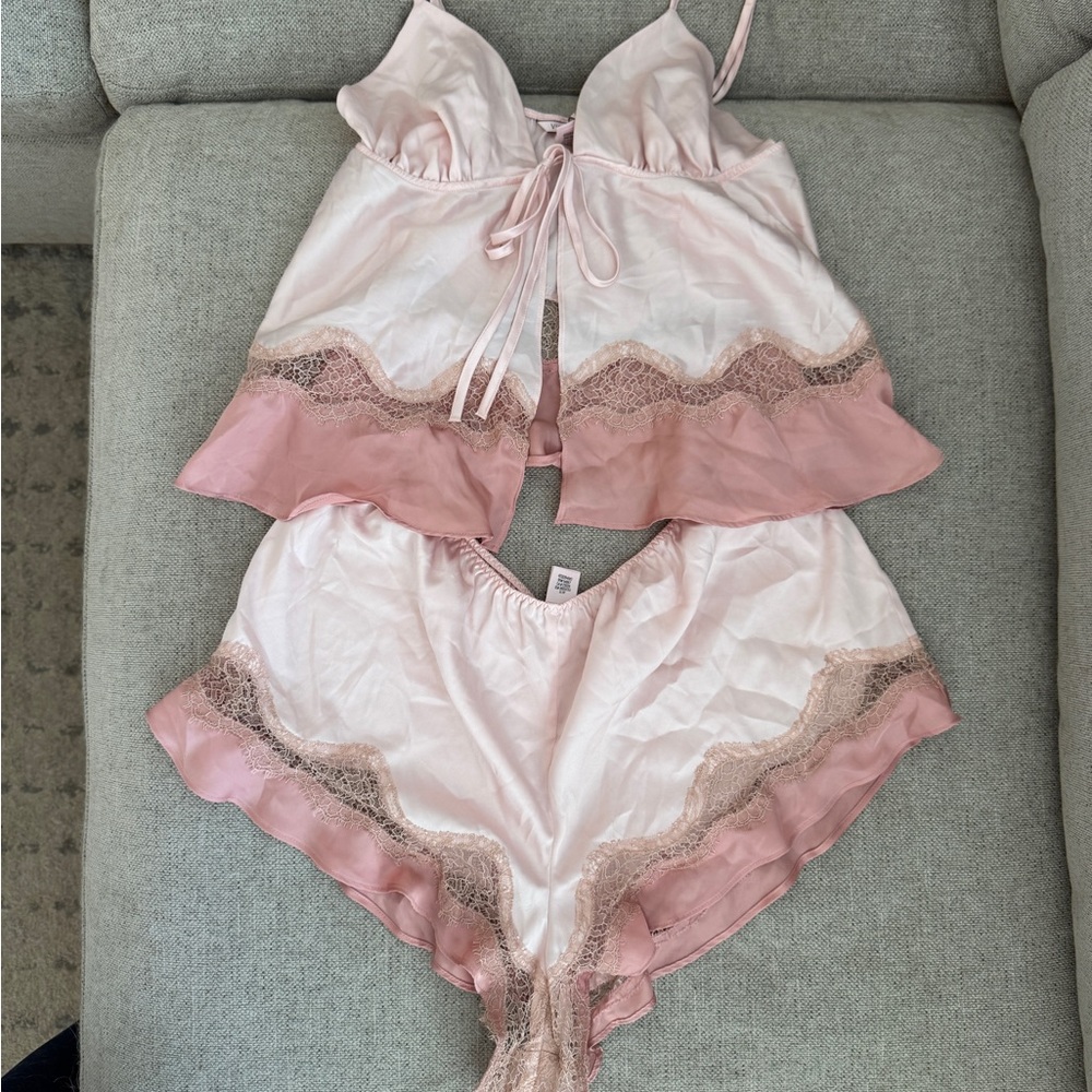 Elegant Pink Lace Trim Sleepwear Set